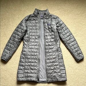PATAGONIA Feather Gray Quilted Nano Puff Long Puffer Coat Zip Pockets Packable S